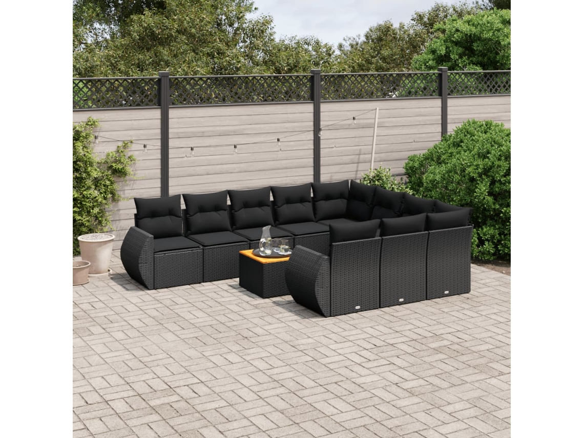 Jogo de Sofá Jardim 11 Peças C/ Almofadões Vime Pe Preto Dkd Home Decor