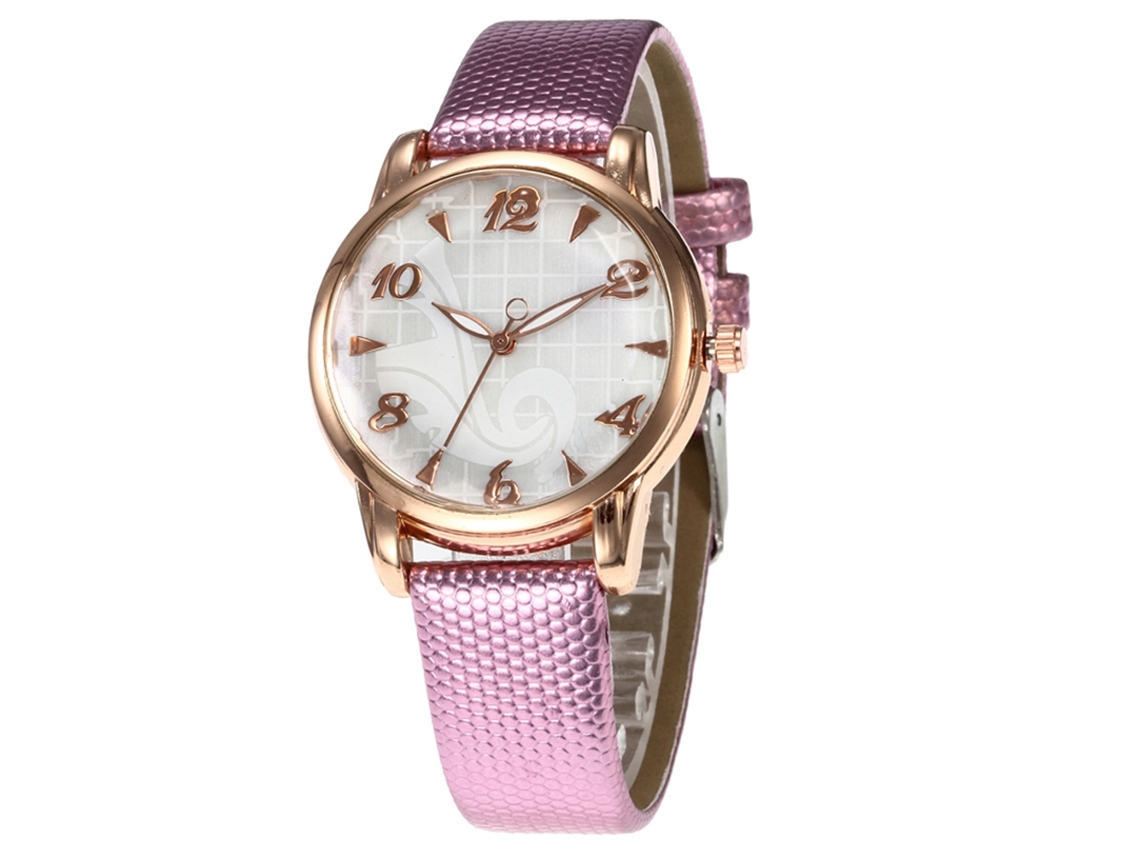 Relógio de pulso feminino com pulseira casual em PU, mostrador redondo e números dourados (roxo)