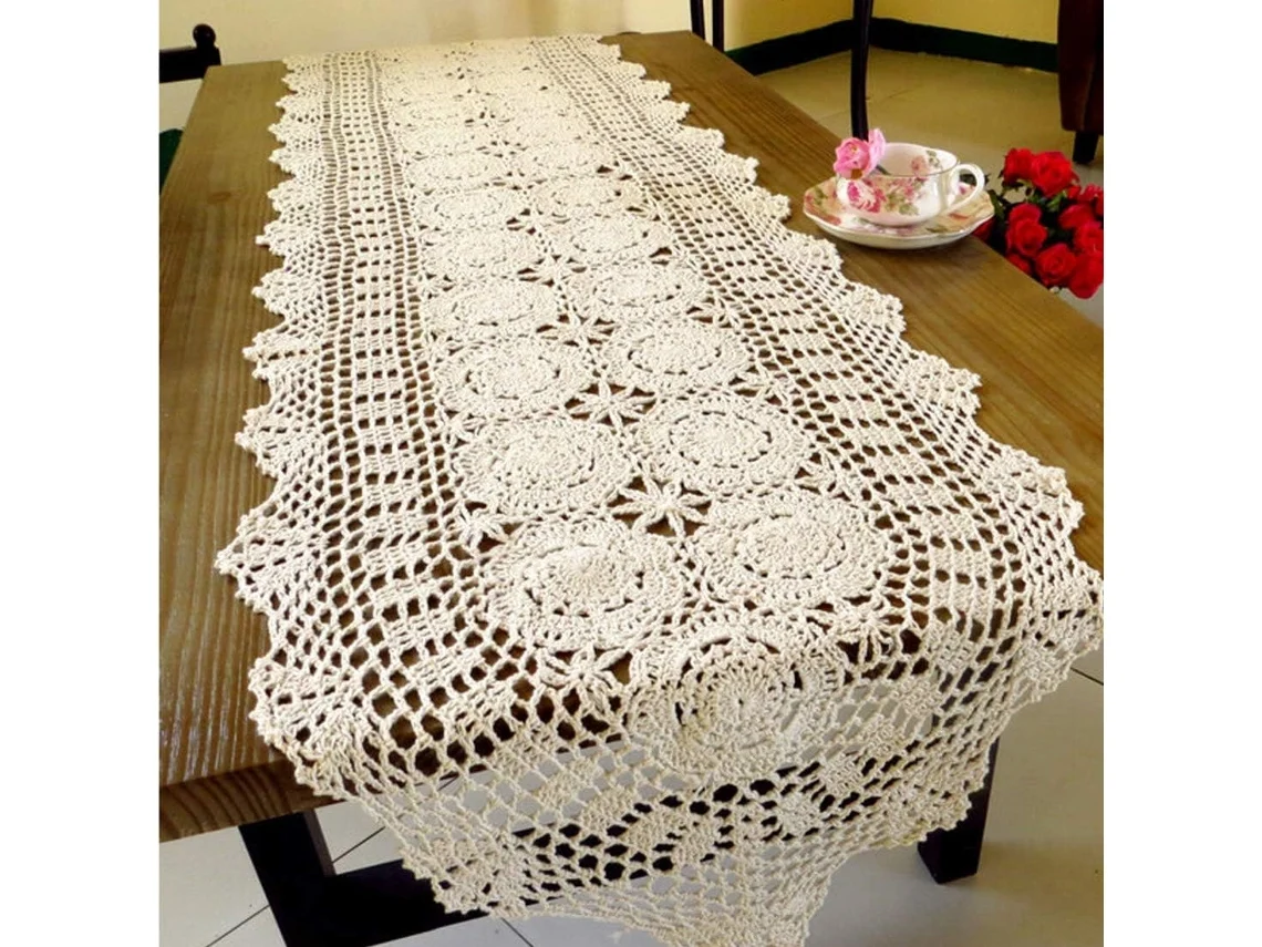 Toalha De Mesa De Renda De Algodão Em Crochê Feita À Mão, 15,7 X 59 Polegadas, Bege