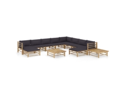Vidaxl 12 Pcs Conj. Lounge Jardim Em Bambu C/ Almofadões Cinza-escuro