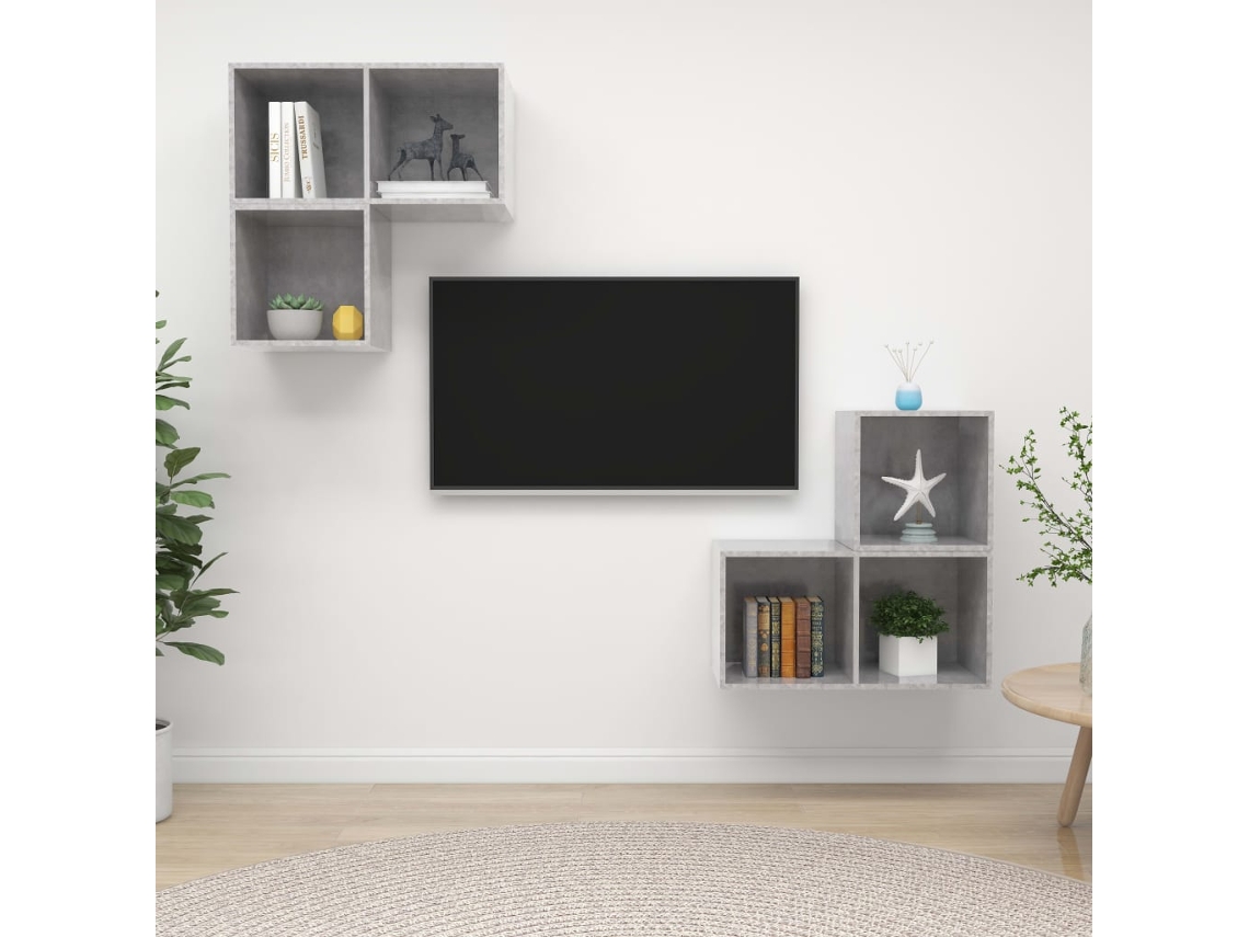 4 Pcs Conjunto De Móveis De Tv Derivados Madeira Cinza Cimento Dkd Home Decor