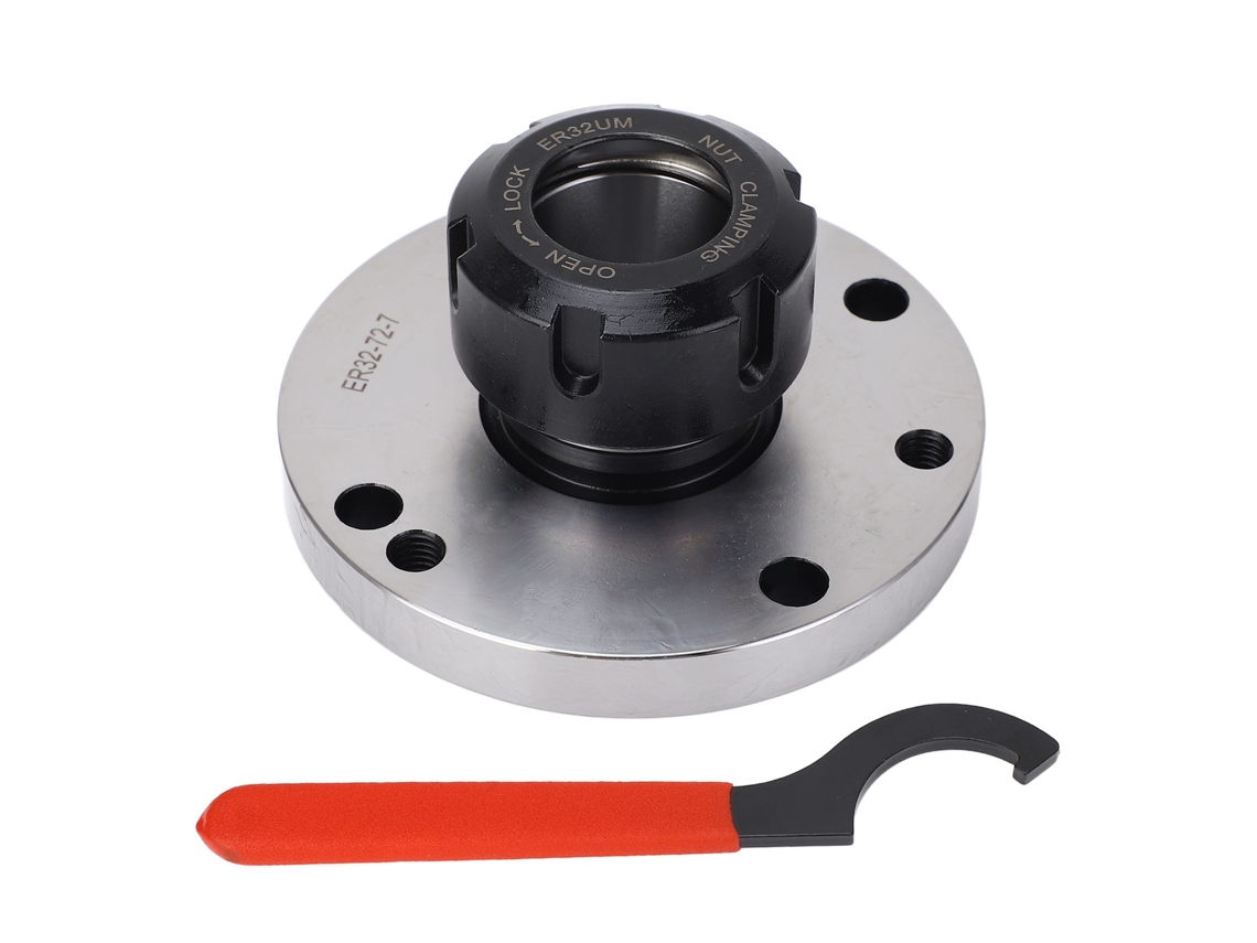 Pinça CNC em aço carbono ER32 com chave para tornos e fresadoras, 100 mm de diâmetro.