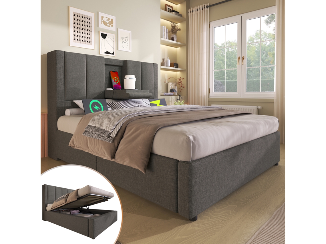 Cama Linho Cinza 90x200 Led Usb c Hidráulica C/ Colchão