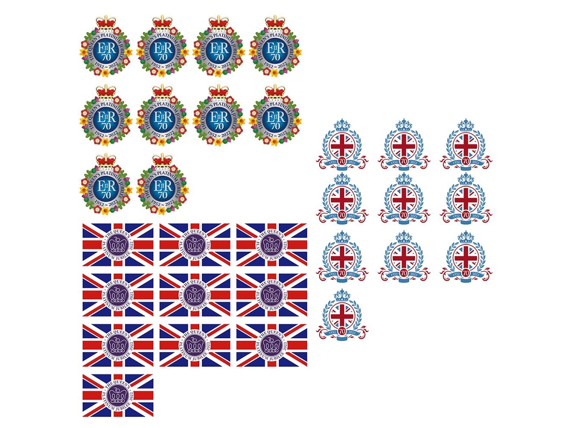 Conjunto de 30 Adesivos Jubileu de Platina Rainha Elizabeth II 3 Padrões Union Jack Crowns 2022 S/MARCA