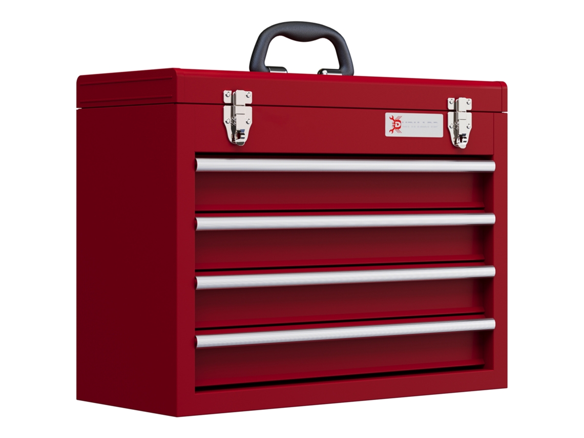 Caixa de ferramentas com 4 gavetas, compartimento superior, aço, alça de transporte, 51x22x39,5cm, vermelha BTFORUS