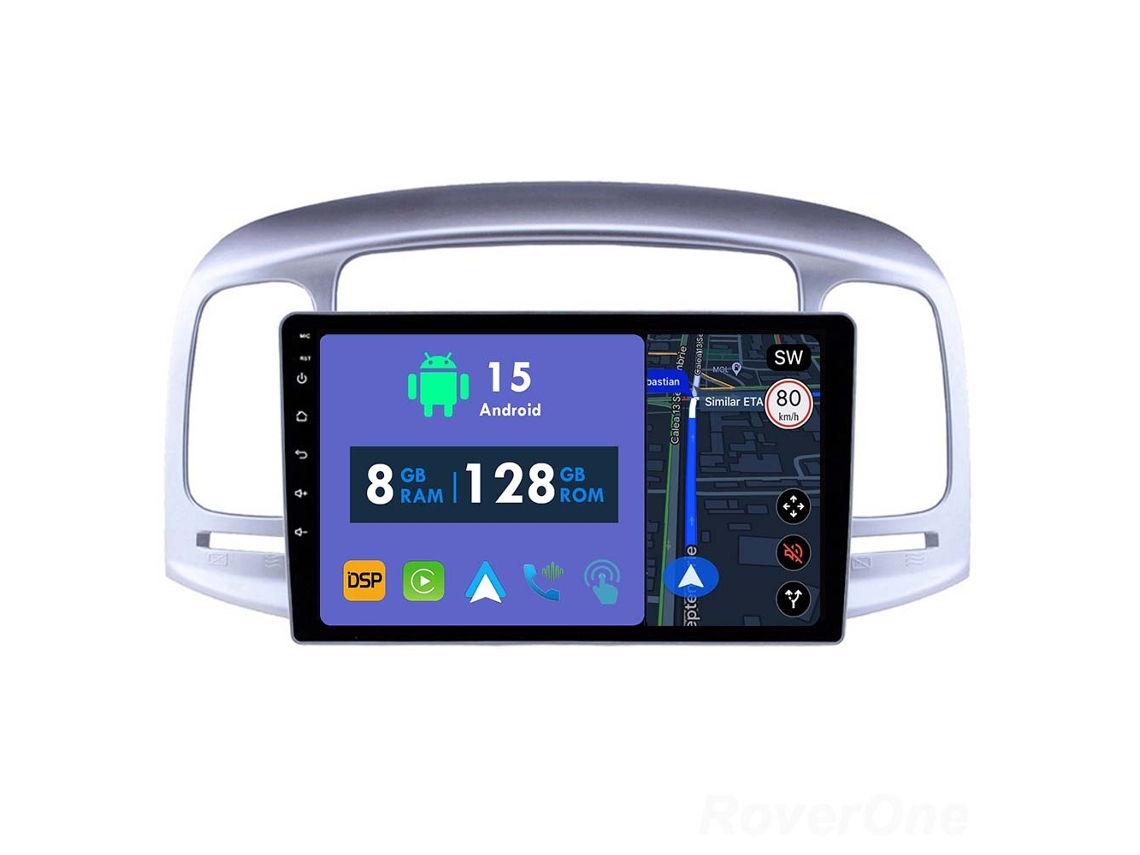 Auto Rádio Carro Bluetooth Autoradio 8GB RAM 128G ROM CarPlay Navegação GPS Ecrã Táctil RoverOne para Hyundai Accent 3 2006-2011  