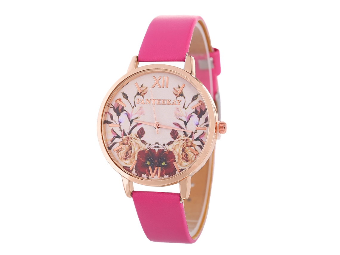 Relógio de Pulso Feminino de Quartzo com Padrão Floral e Pulseira Pu Rosa Claro