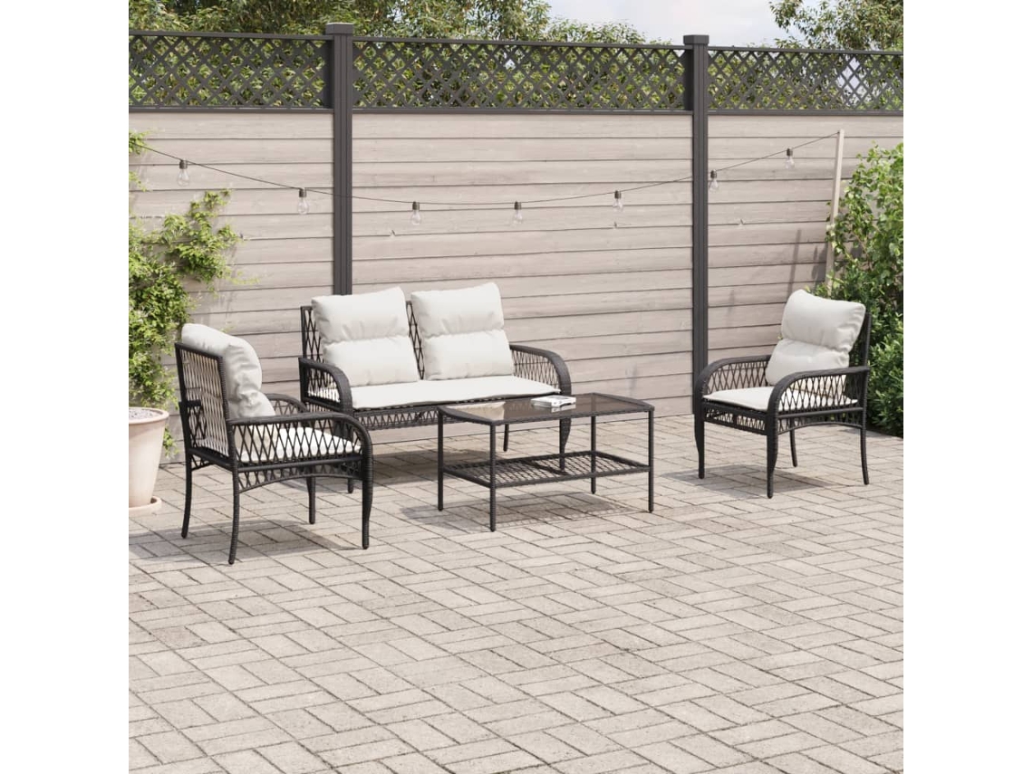 4 Pcs Conjunto De Sofá Para Jardim C/ Almofadões Vime Pe Preto Dkd Home Decor