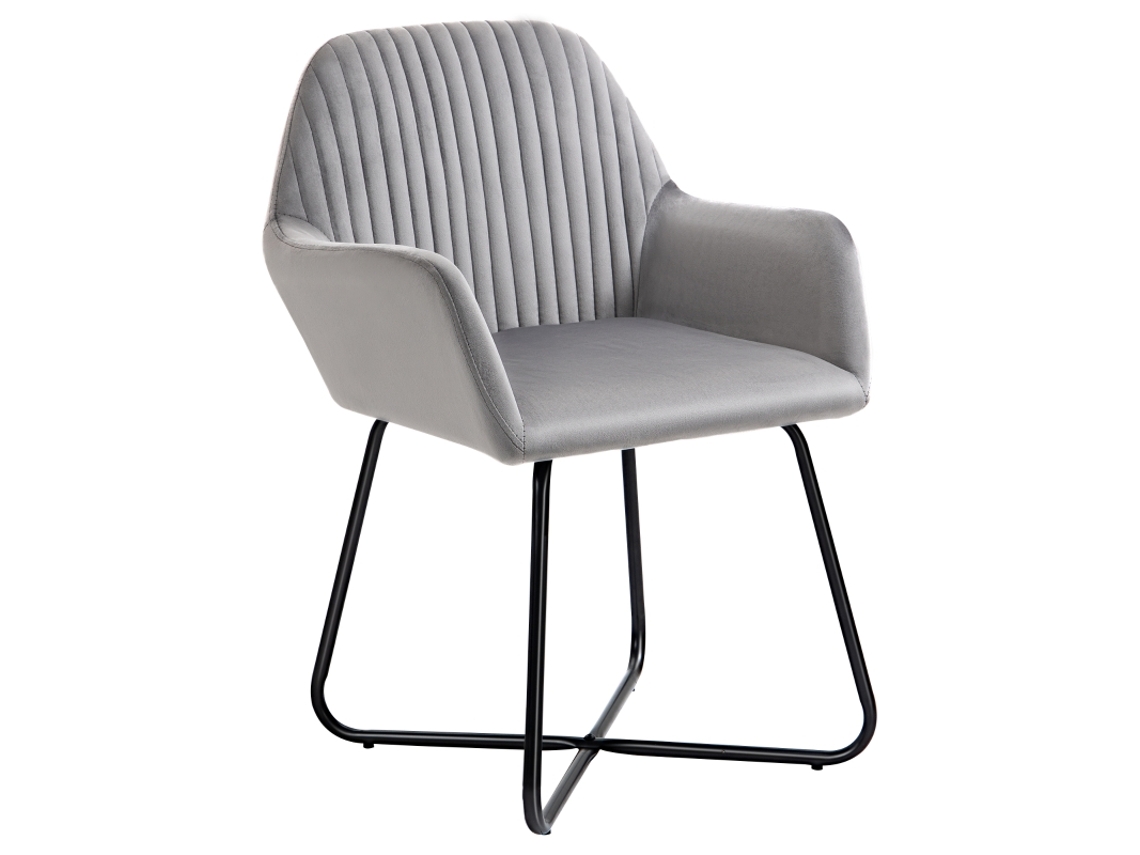 Poltrona De Veludo Cinza Estofada Para Sala De Estar Com Assento Acolchoado E Base Metálica Elegante