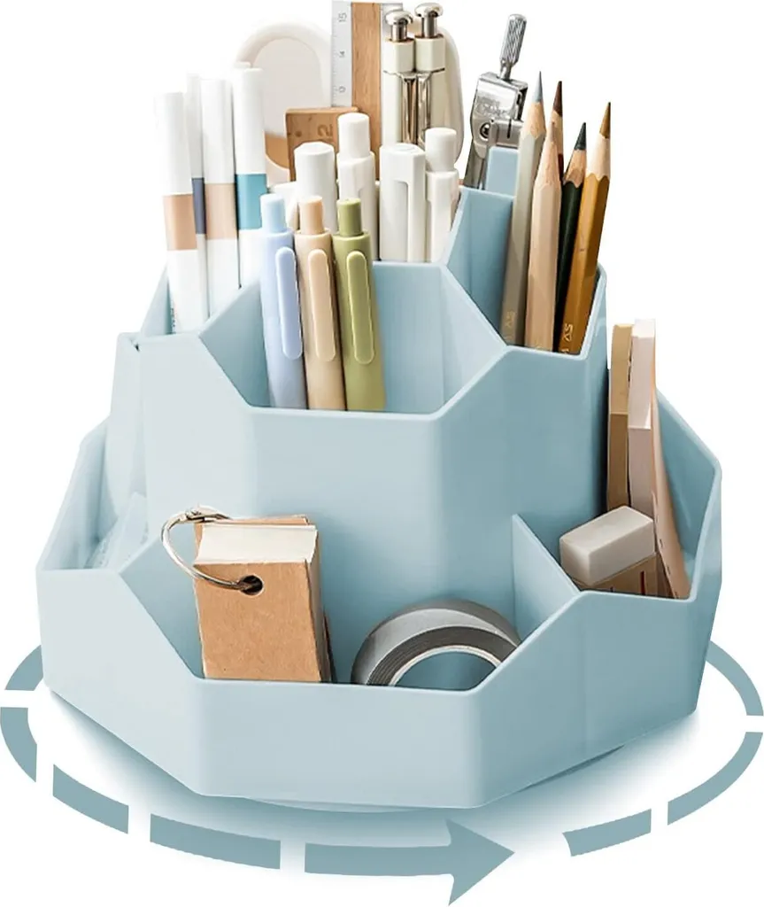 Porta-lápis giratório, organizador de mesa, 9 compartimentos, grande capacidade, rotação de 360°, Slowmoose (azul)