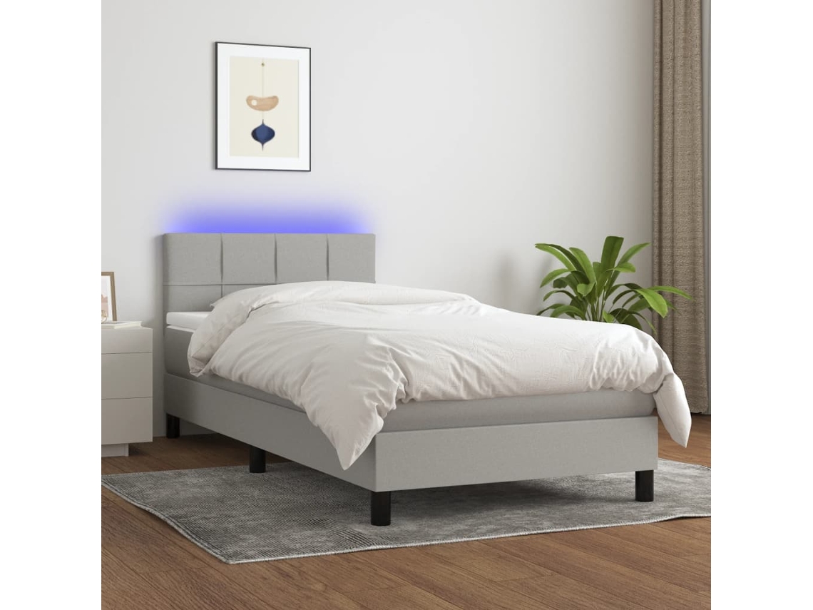 Vidaxl Cama Box Spring C/ Colchão E Led 100x200 Cm Tecido Cinza-claro