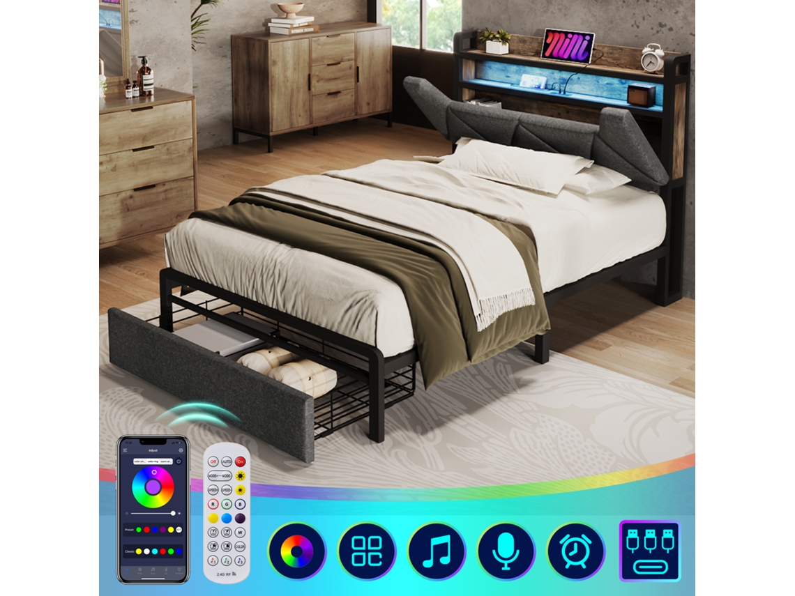 Cama de Solteiro 90x200 Cm com Arrumação, Usb c, Led, 2 Gavetas, Estrutura Metálica, Tecido Cinza, Sem Colchão VSOGA