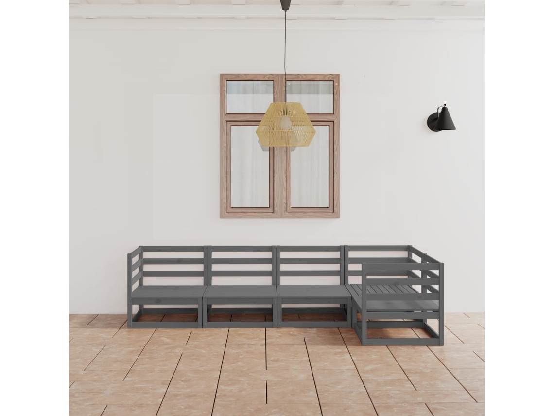 Conjunto 5 Peças Lounge De Jardim Pinho Maciço Cinza Dkd Home Decor