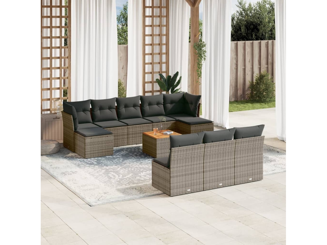 11 Pcs Conjunto Sofás De Jardim C/ Almofadões Vime Pe Cinza Dkd Home Decor