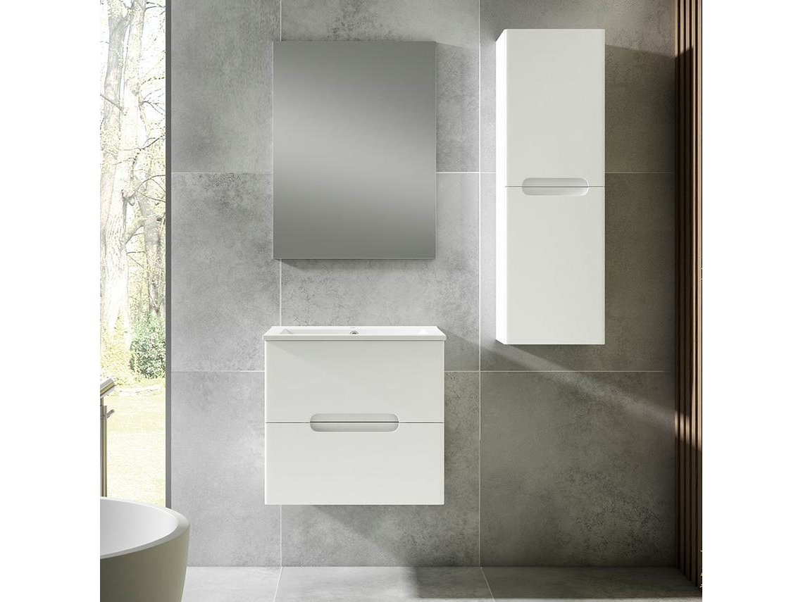 Móveis de casa de banho com lavatório, espelho e aplique LED VICTORIA 80x45 cm acabamento branco fosco 2 gavetas suspensas