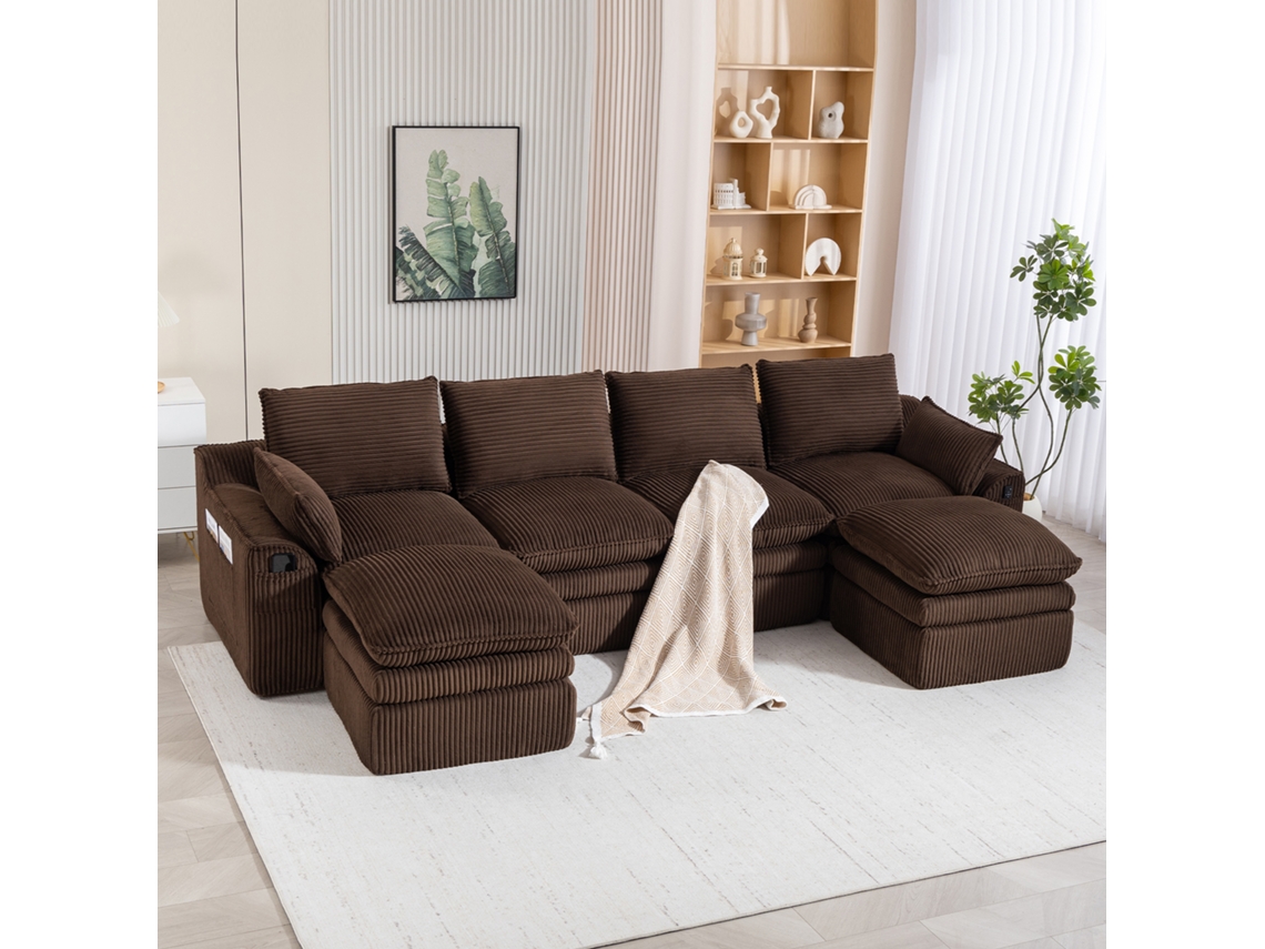Sofá Modular 4 Lugares (2 Pufes) – Almofadas, 2 Bolsos, Espuma 3 Camadas + Molas, Montagem Livre, Marrom.