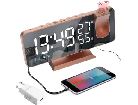Rádio Despertador com Projeção de Teto - NOBRAND - Projetor 180° - 50 Estações FM - Tela Espelho LED 7 - Ouro Rosa LECOO