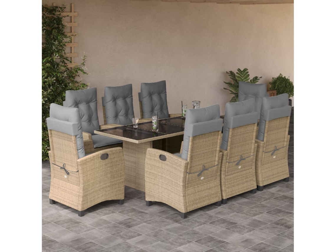 Vidaxl 9 Pcs Conj. Jantar Jardim C/ Almofadões Vime Pe Bege Misturado