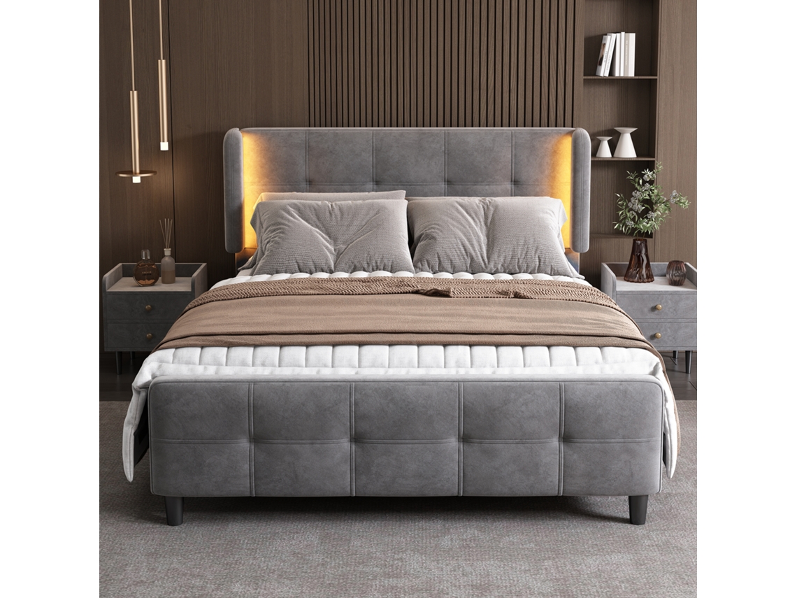Cama Casal 140x200cm Com 16 Leds Coloridos E Cabeceira Ajustável Samarreta Cinza