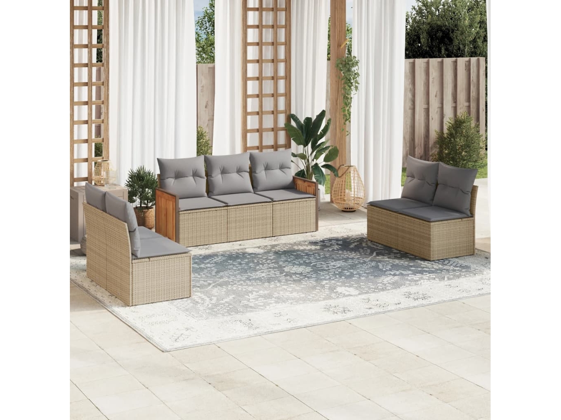 Vidaxl 7 Pcs Conjunto De Sofás P/ Jardim Com Almofadões Vime Pe Bege