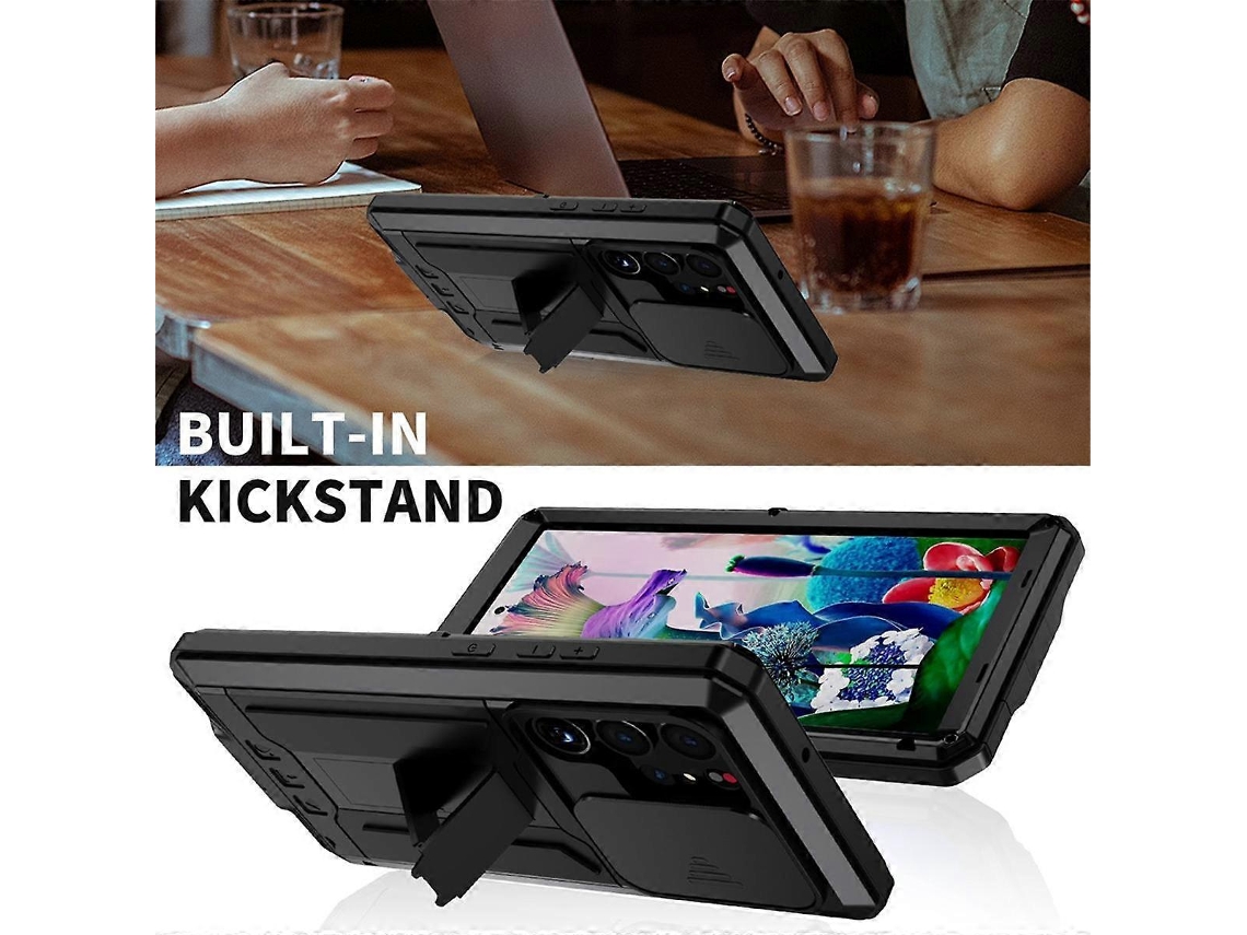 Capa Protetora Para Celular Galaxy S24 Ultra, À Prova De Quedas, Resistente A Impactos E Com Acabamento Metálico, Na Cor Preta.