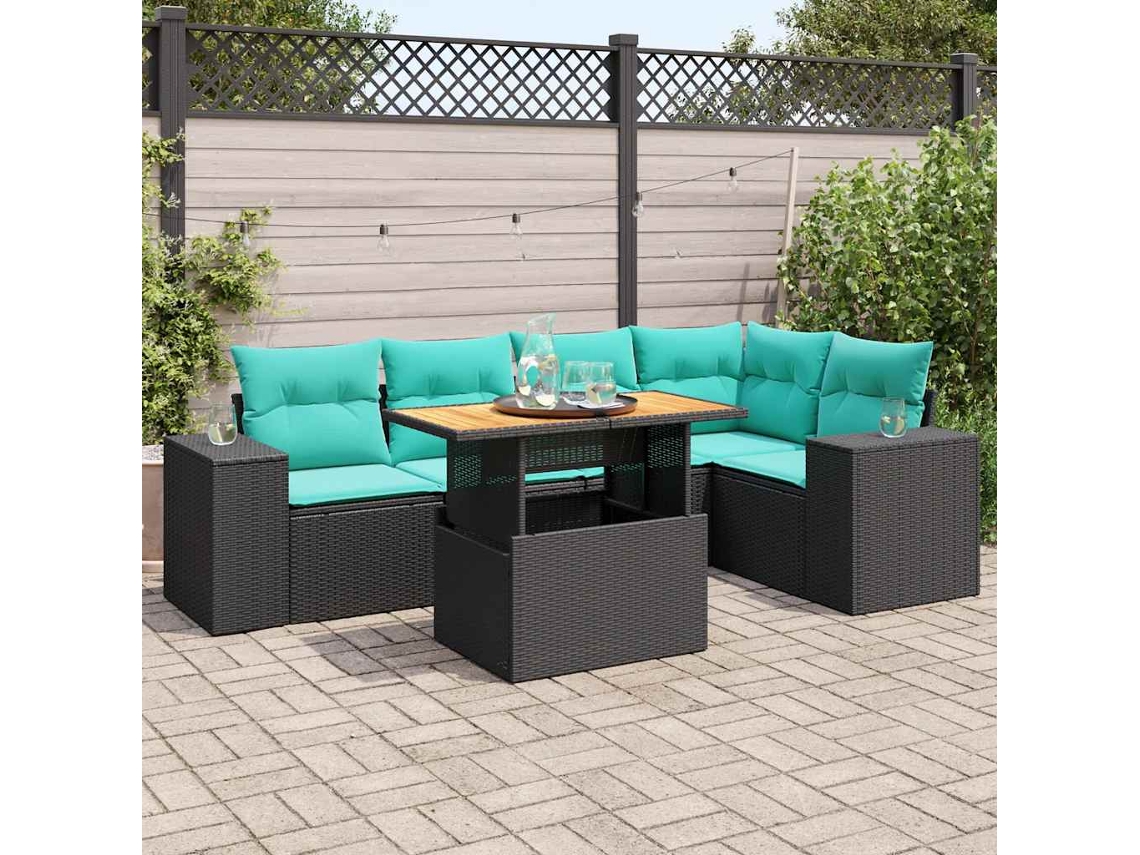 Vidaxl 6 Pcs Conjunto Sofás De Jardim C/ Almofadões Vime Pe Preto