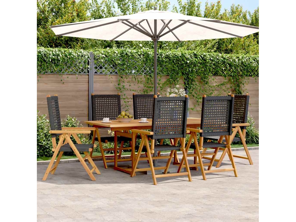 Vidaxl 7 Pcs Conjunto De Jantar P/ Jardim Vime Pe/madeira Maciça Preto