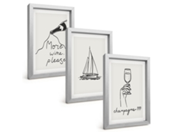 Composição De Quadros Arte Linear Com Taça De Vinho E Veleiro Espelharte (3 Peças 20x30 Cm)