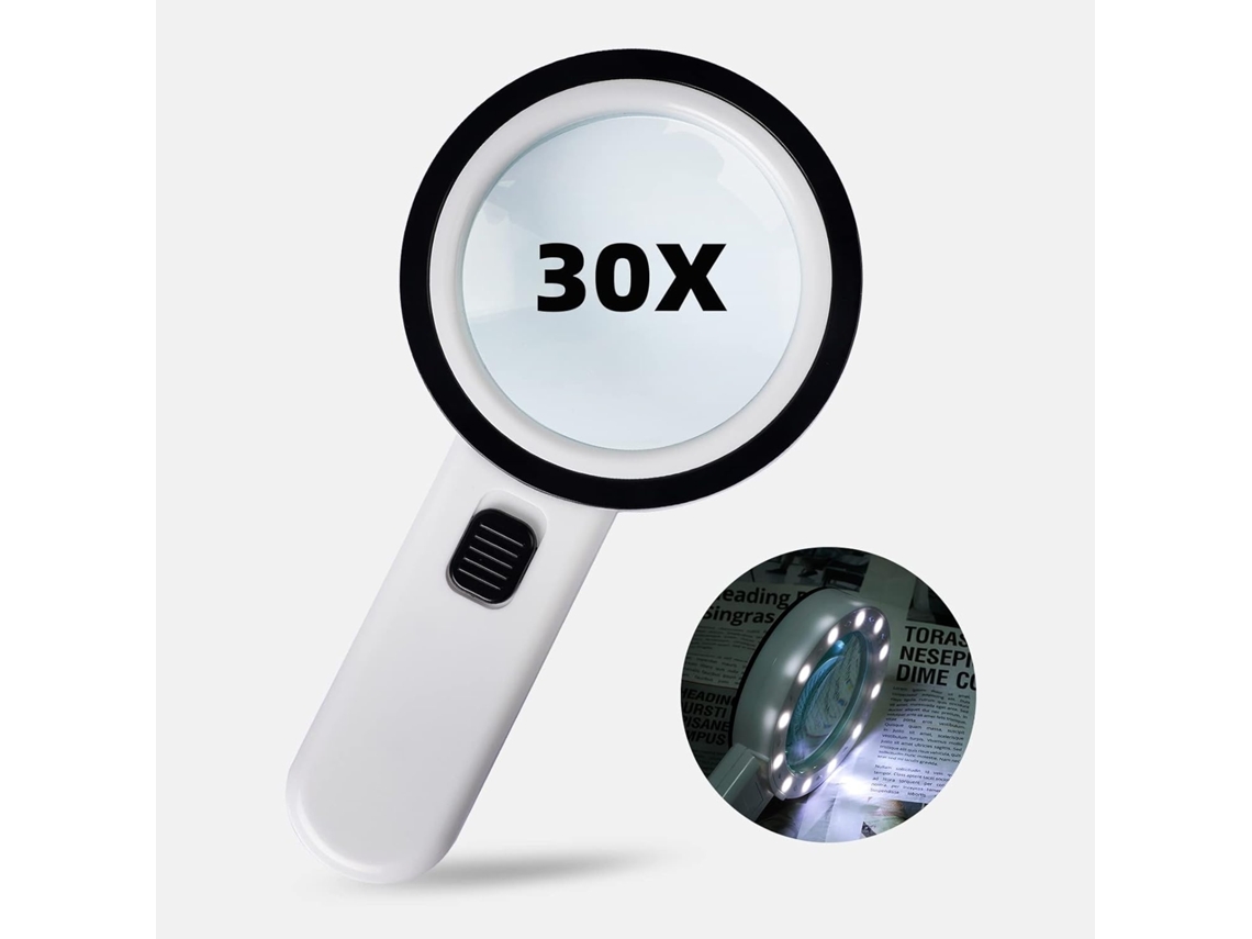 Lupa Com Luz Led Para Leitura E Ampliação Nítida, 30x, 12 Led, 4,13 Polegadas, Acabamento Transparente, 12 Unidades Elysve