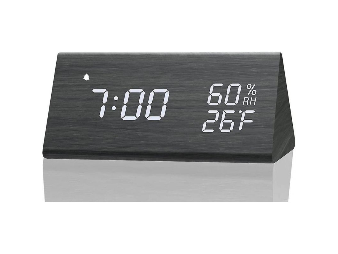 2026-reloj Despertador Digital Madera Con Pantalla Led, 3 Alarmas, Sensor Temp/humedad Para Dormitorio