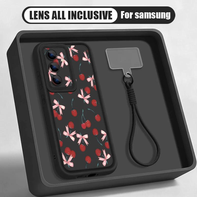 Capa Para Celular Galaxy S26 Com Cordão E Estampa De Cereja (preta)