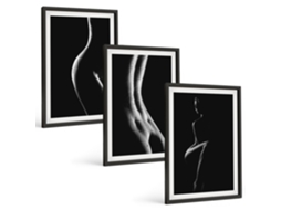 Pinturas Murais Modernas Silhuetas Femininas Em Preto E Branco Moldura Preta Quadros Para O Escritório Espelharte (3 Piezas De 40x60 Cm)