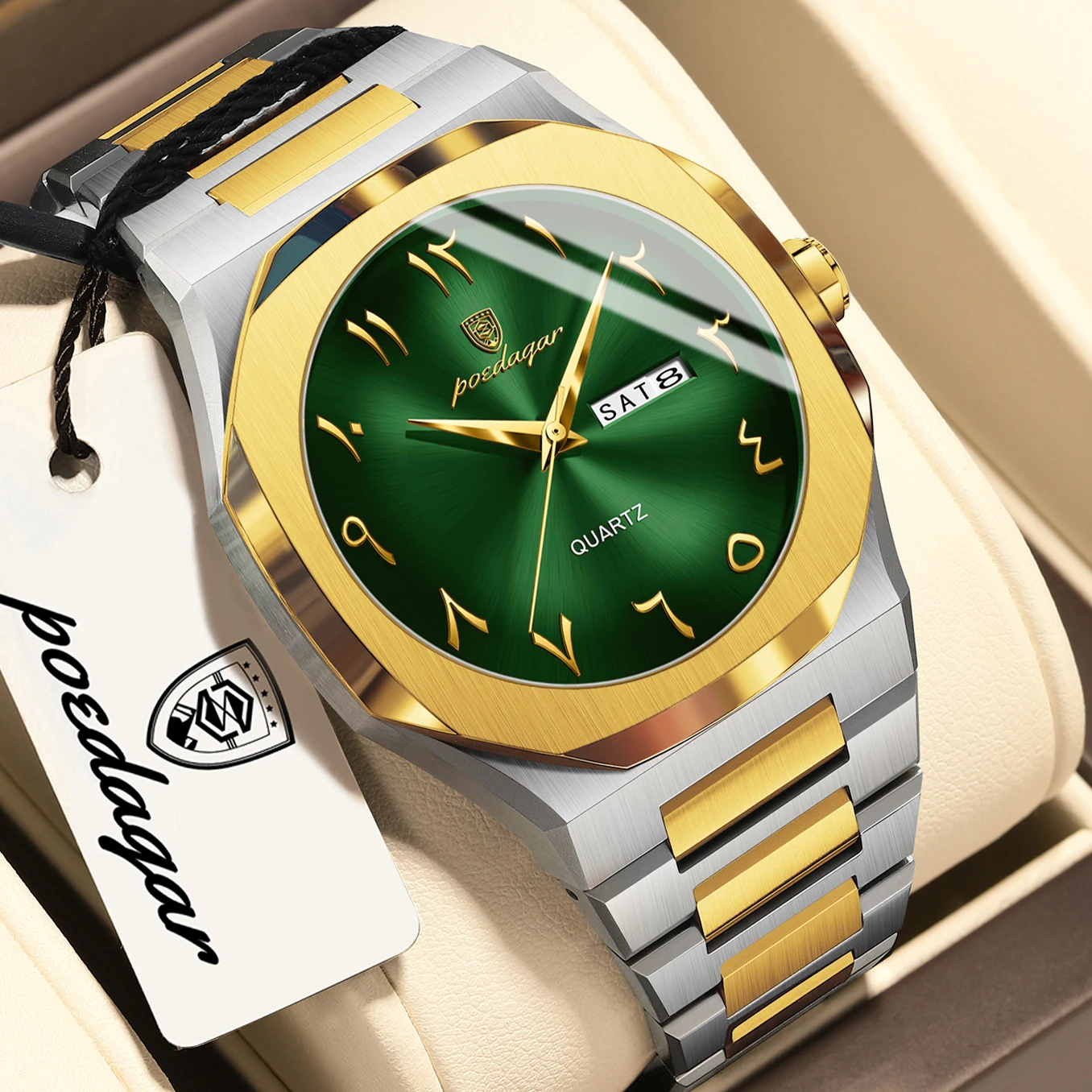Relógio Masculino Clássico Original (dourado E Verde), À Prova D'água, Com Dia E Data, Relógio Masculino Elegante.