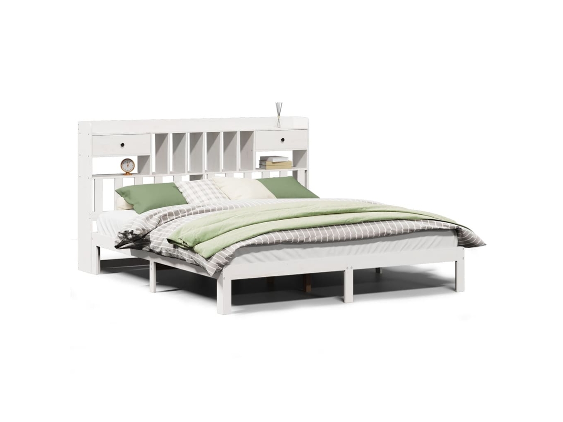 Cama com Estante Pinho Maciço Branco MAISON EXCLUSIVE (180x200 cm)