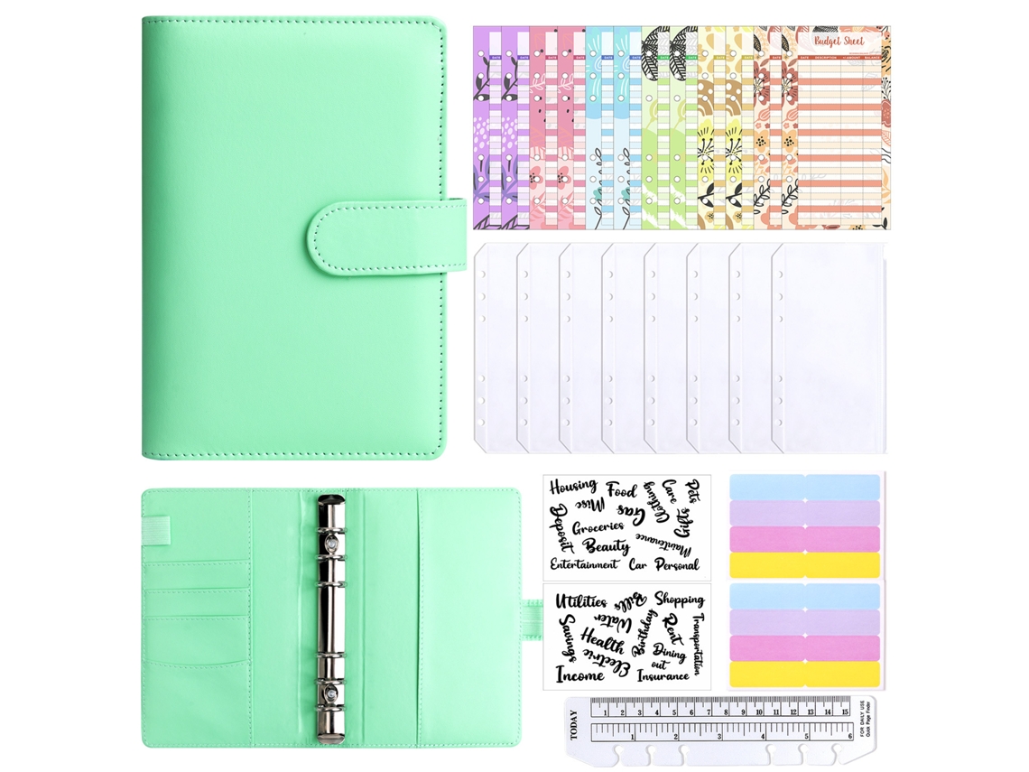 A6 Macaron Ring Binder Notebook Envelope Cash Budget Planner, Finance Organizer Green With 12-budget Cards, 8-zipper
