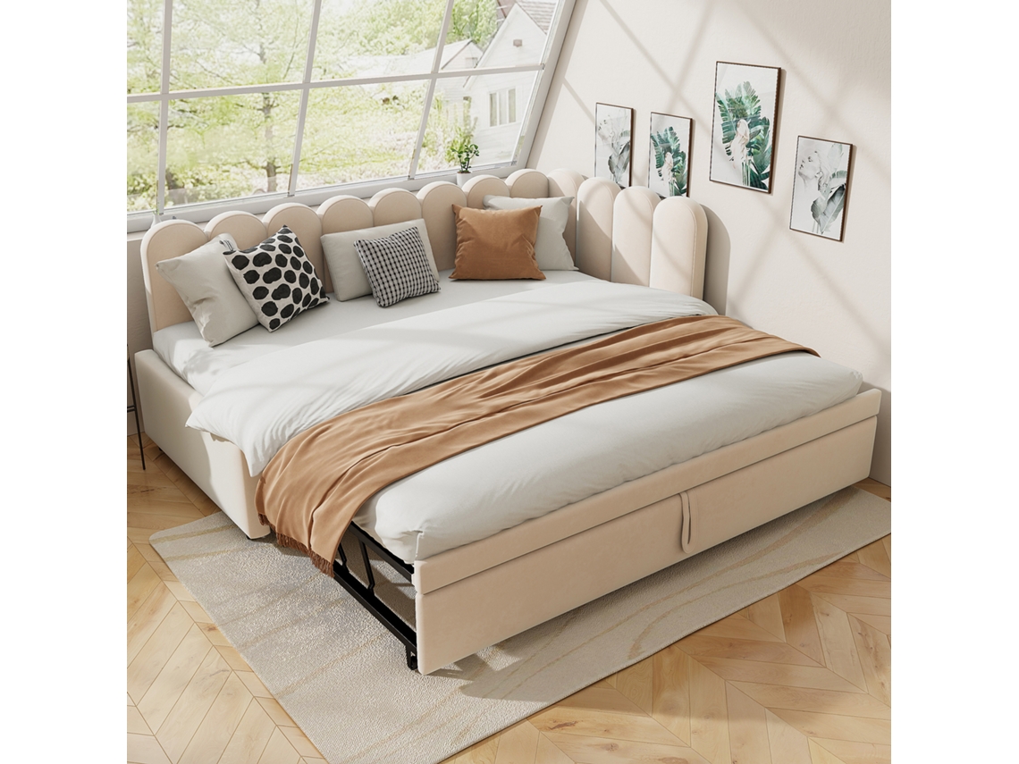 Sofá-cama Multifuncional 2 Em 1, Forma L, 90/180x200 Cm, Veludo Bege, Design Econômico, Cama Infantil Ou Hóspedes