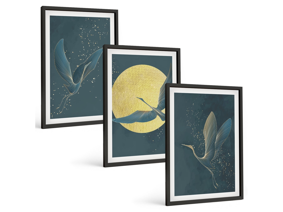 Quadros Decorativos Para Parede Garças Em Voo A Noite Moldura Preta Quadros Para O Escritório Espelharte (3 Piezas De 40x60 Cm)