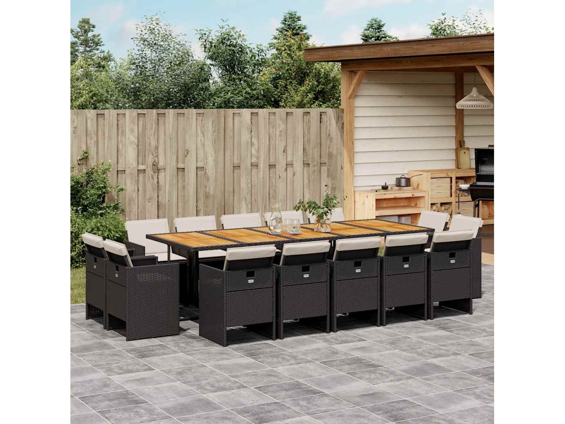 Vidaxl 15 Pcs Conjunto De Jantar P/jardim Com Almofadões Vime Pe Preto