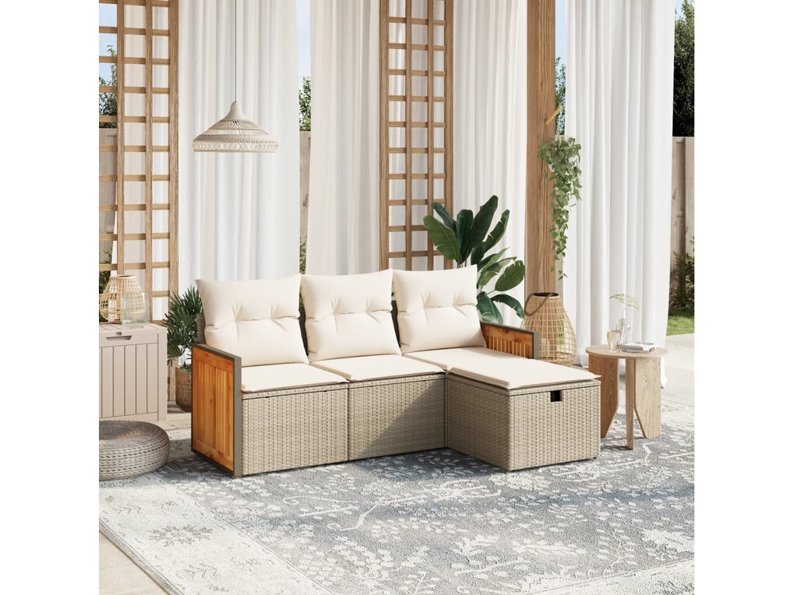 Conjunto de sofá de jardim de 4 peças com almofadas Vime Pe Bege Lovely Home
