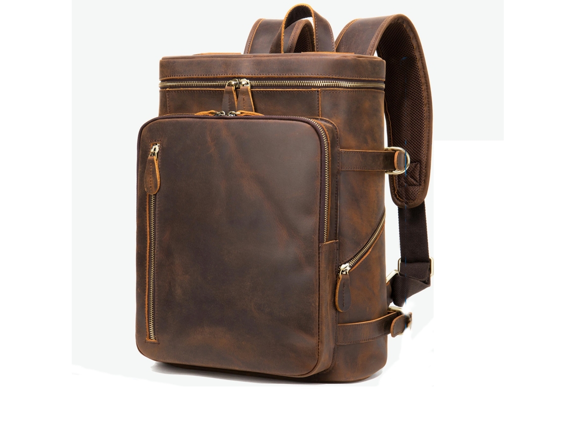 Mochila Vintage de Couro Genuíno para Homens Mochila de Viagem para Laptop Bolsa de Trabalho Mochila Casual-Café Vertical
