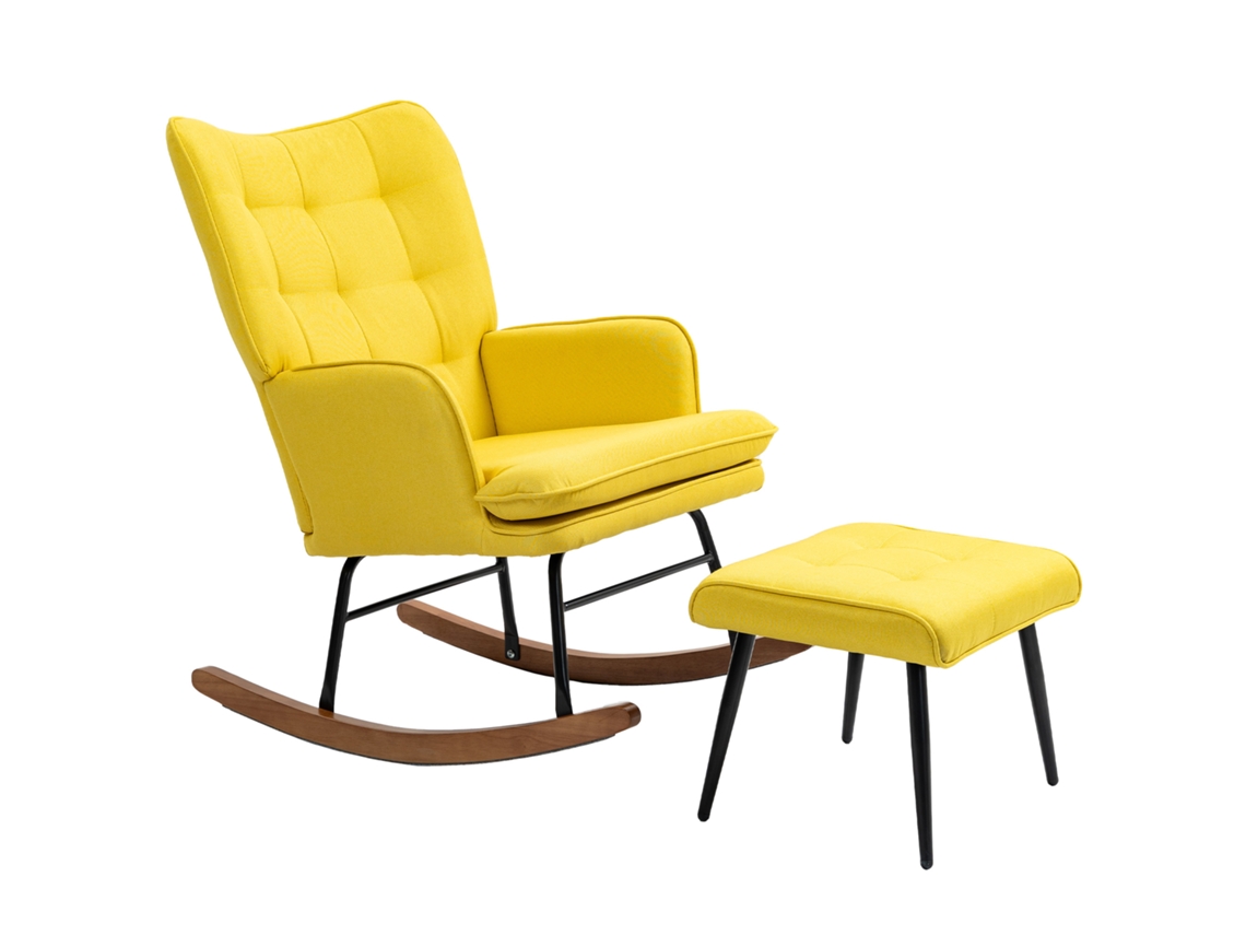 Cadeira de Balanço com Puff Skandi Cadeira de Baloiço com Banquinho, Madeira de Faia, Quilting, 64 Cm X 89 Cm X 90 Cm Amarelo Ge