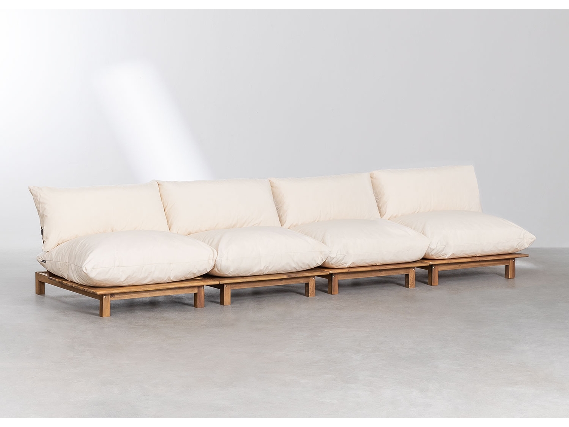Sklum Sofá Modular Reclinável De Jardim De 4 Peças Em Madeira De Acácia Brina Poliéster Beige Creme