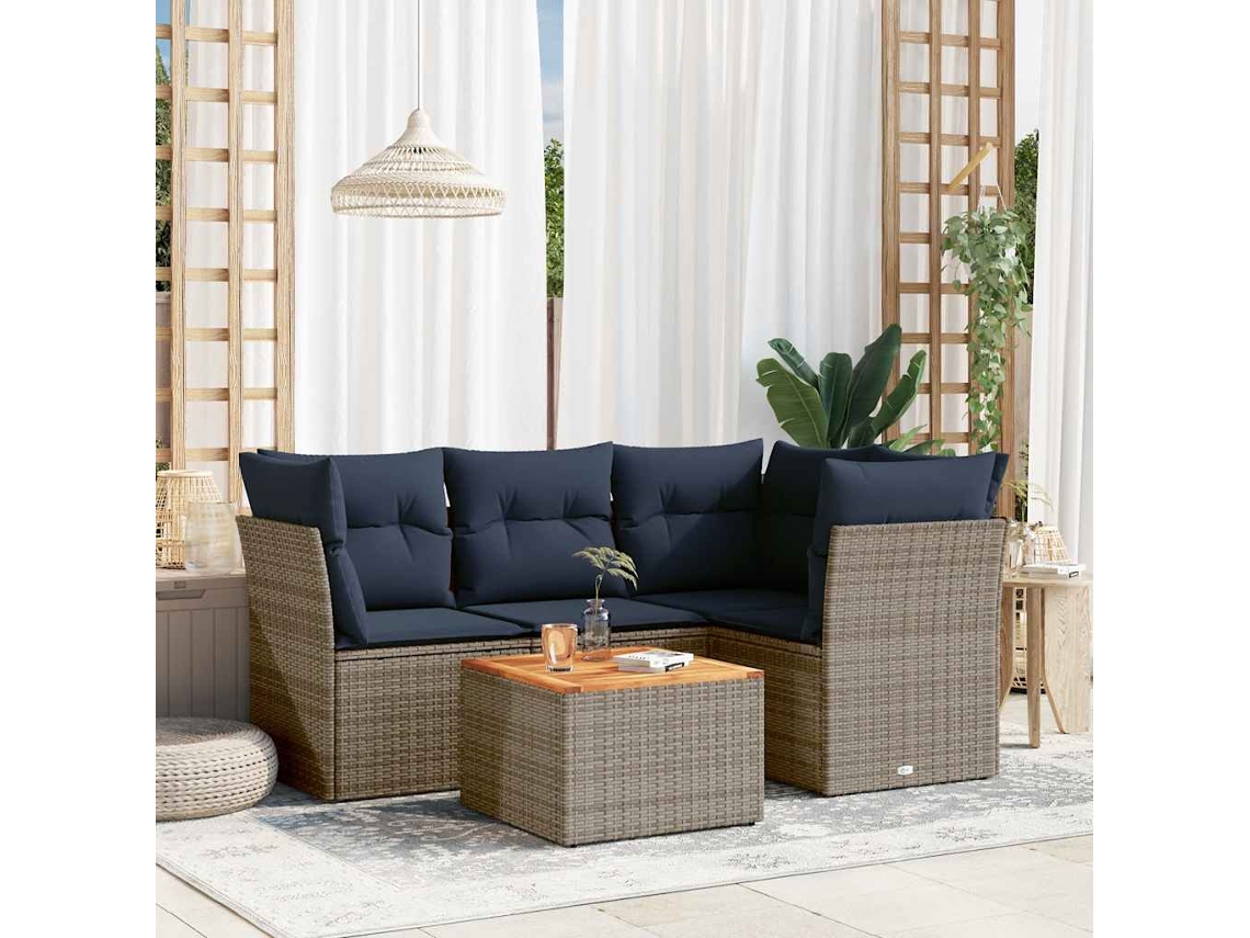 Vidaxl 5 Pcs Conjunto Sofás P/ Jardim C/ Almofadões Vime Pe Cinzento