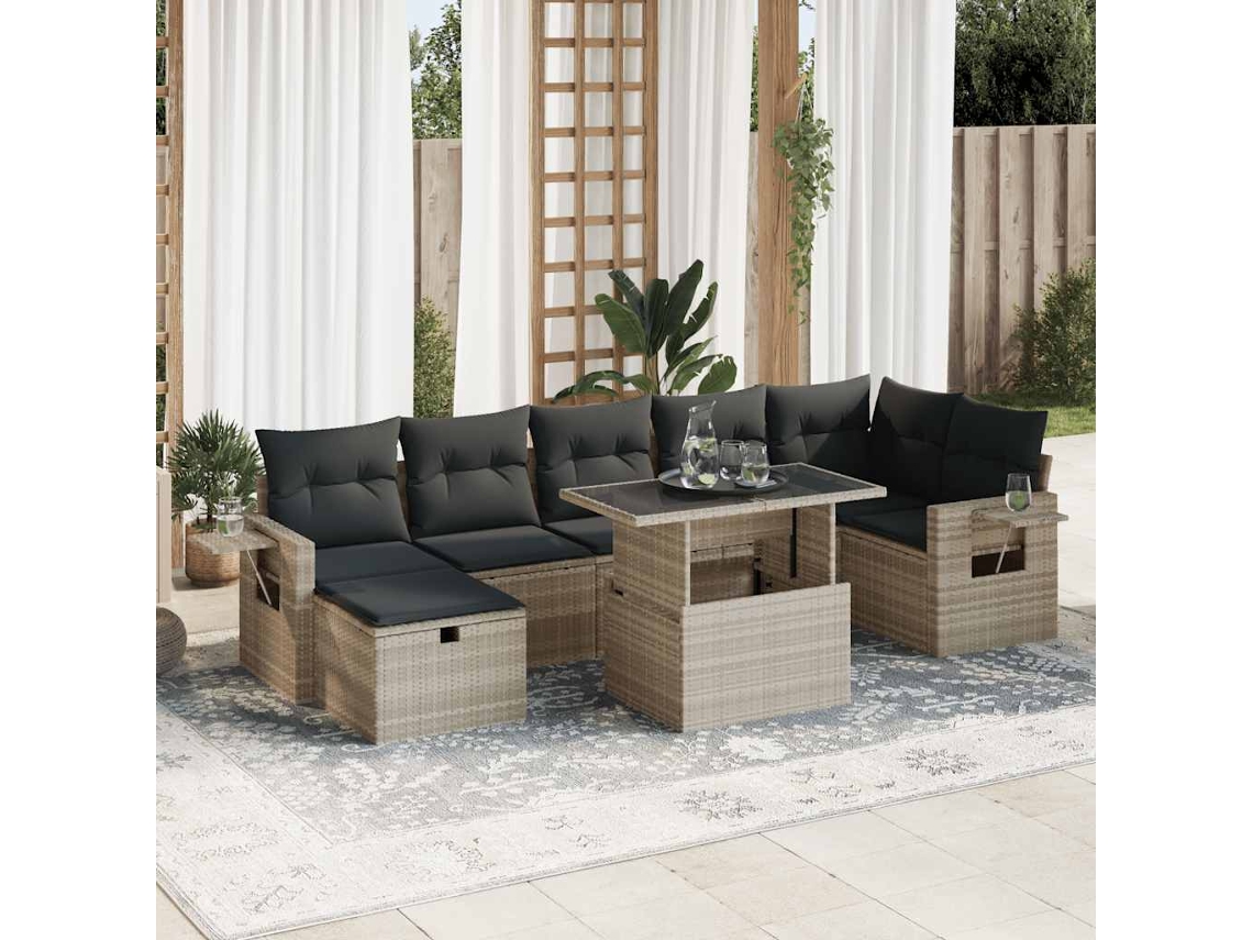 Vidaxl 8 Pcs Conj. Sofás Jardim C/ Almofadões Vime Pe Cinzento-claro
