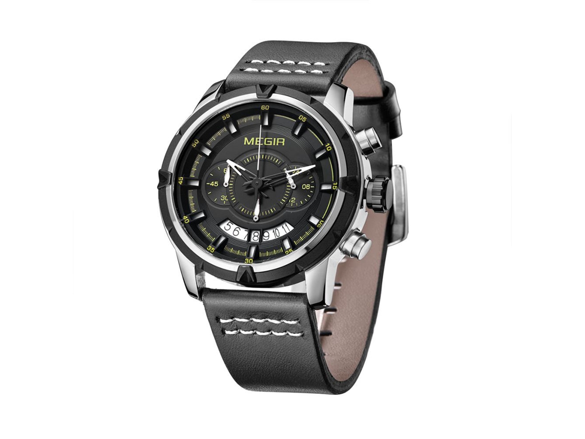 Reloj De Cuero Casual Para Hombre Megir Con Calendario Dial Negro Pulsera Café