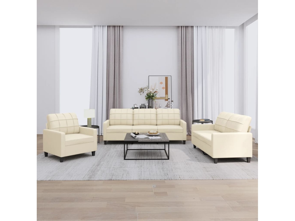 Vidaxl 3 Pcs Conjunto Sofás C/ Almofadões Couro Artificial Cor Creme