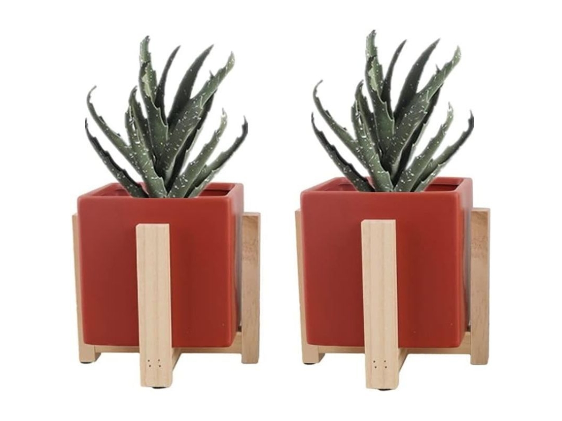 Conjunto De 2 Macetas De Cerámica Com Suporte De Madeira Moderno Interior Exterior Vermelho Quadrado