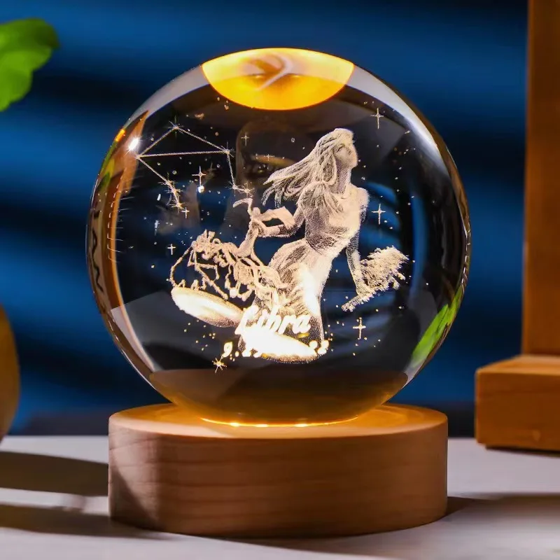 Bola de Cristal de 6,8cm com Doze Constelações, Base de Madeira com Led MDUG (libra 6x6cm com Luz)