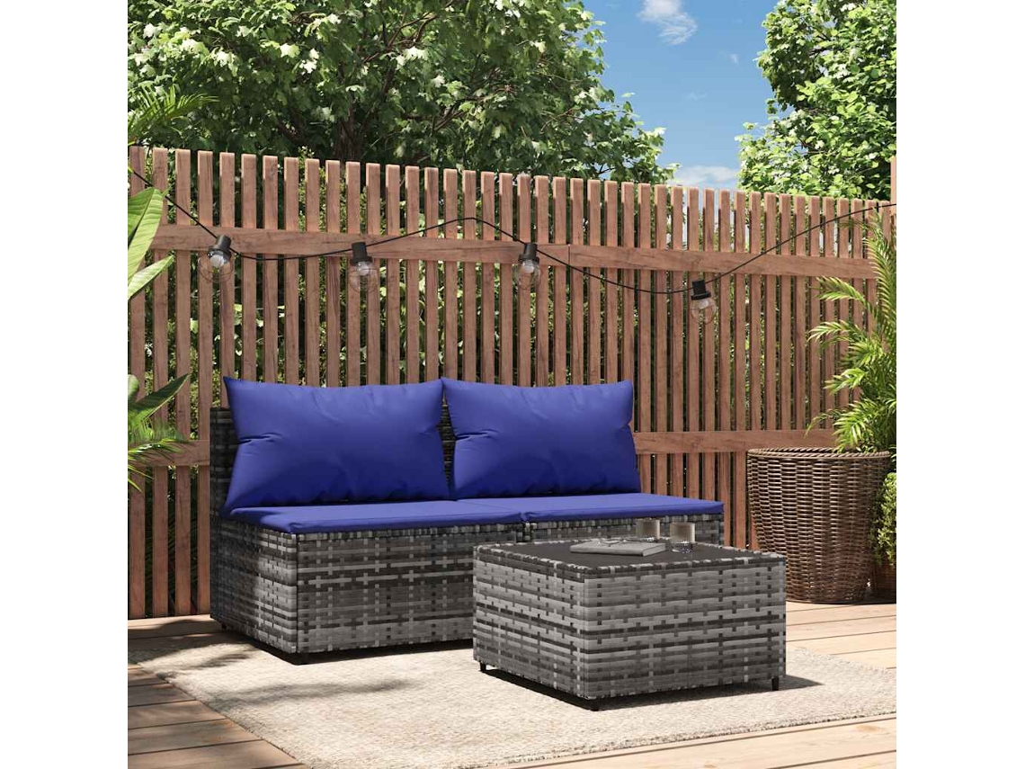 Vidaxl 3 Pcs Conjunto Lounge De Jardim C/ Almofadões Vime Pe Cinzento