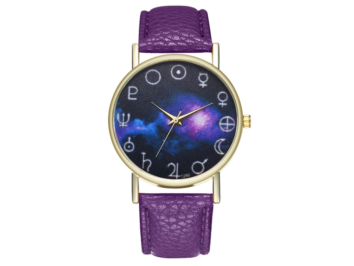 Relógio de pulso unissex em couro PU com estampa de nebulosa, estilo violeta.